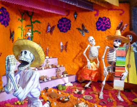 Skeletons dressed in Day of the Dead costumes in Oaxaca, Mexico on a special/festival departure